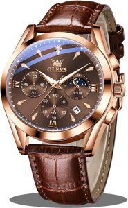 OLEVS - Reloj de pulsera de cuero para hombre, analógico de cuarzo, cronógrafo de lujo con fecha, impermeable