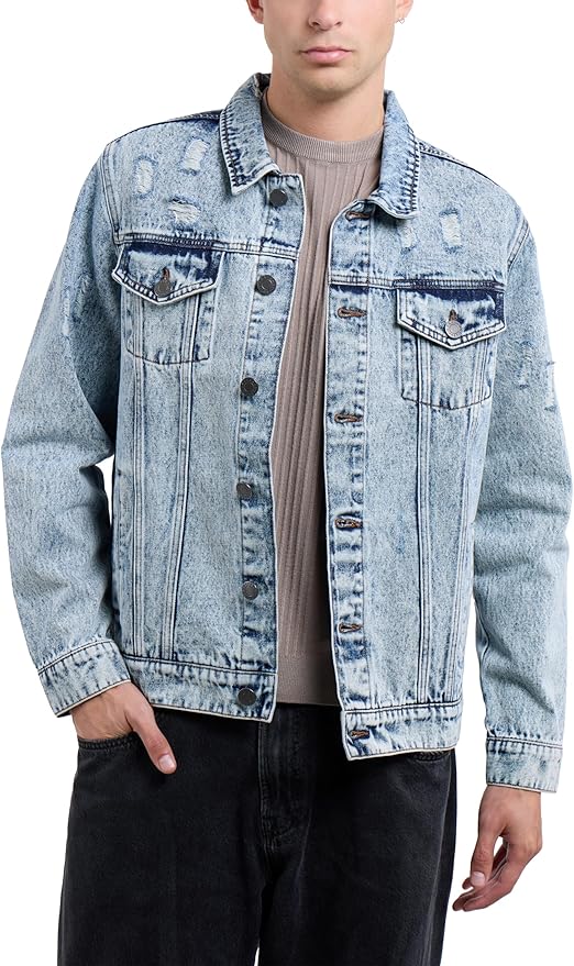 Chaqueta ligera Chaqueta de mezclilla para hombre, lavada, rasgada, desgastada, flex elástica, casual