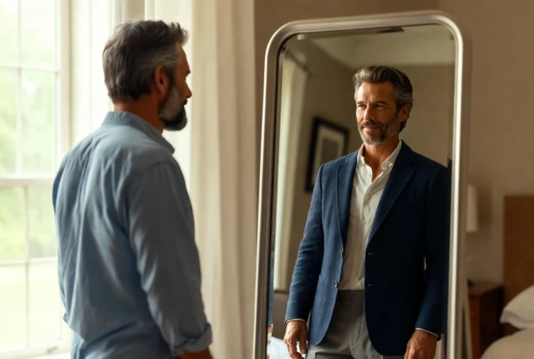 Elegant man looking in the mirror with modern style