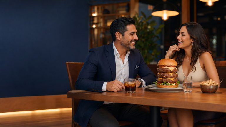 Hombre bien vestido en una primera cita frente a una hamburguesa triple