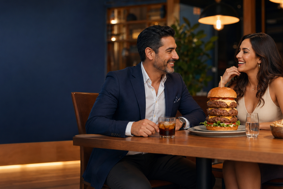 Hombre bien vestido en una primera cita frente a una hamburguesa triple