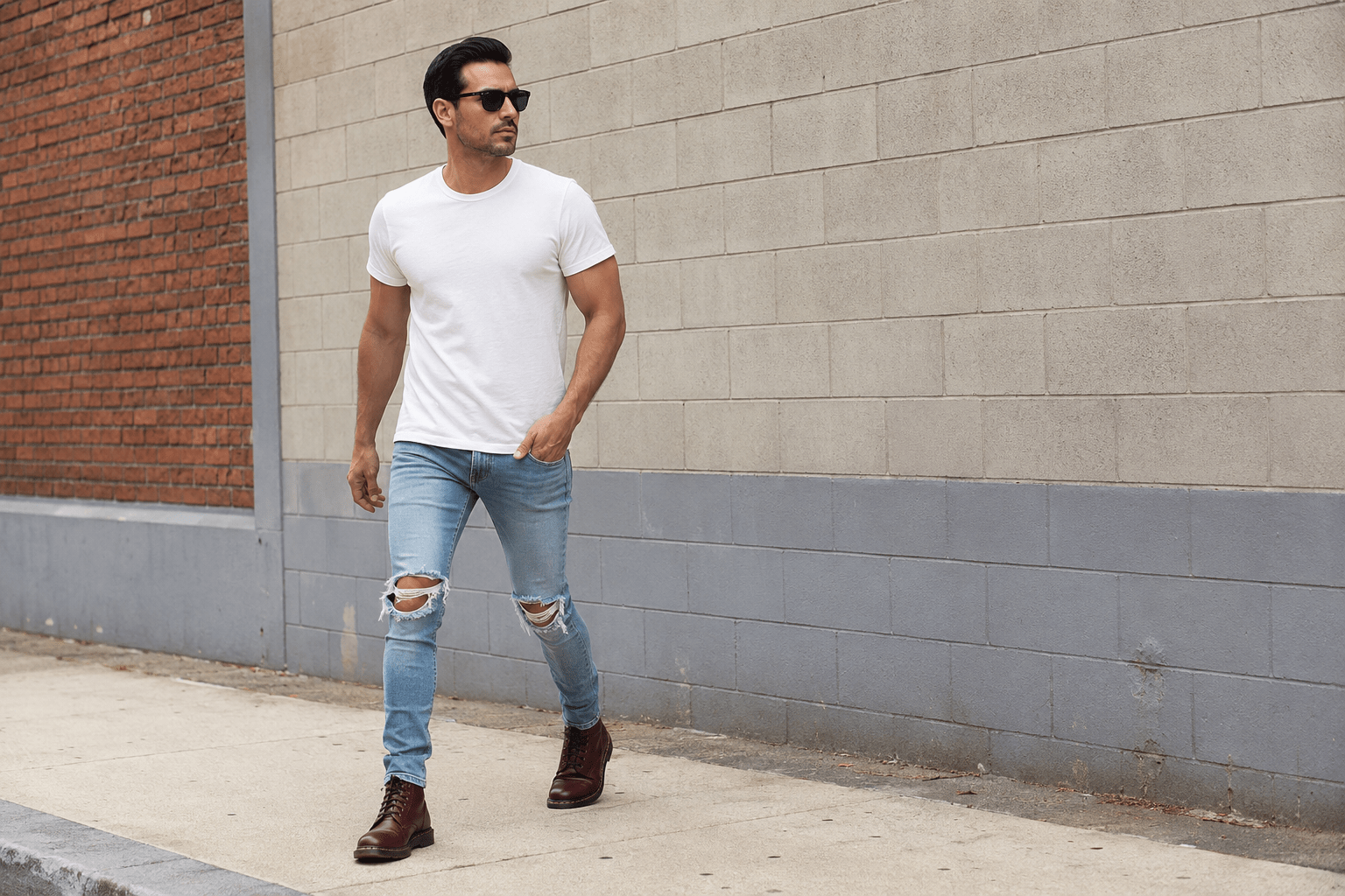 Hombre con camiseta blanca, jeans skinny rotos y botas, estilo masculino de 2016