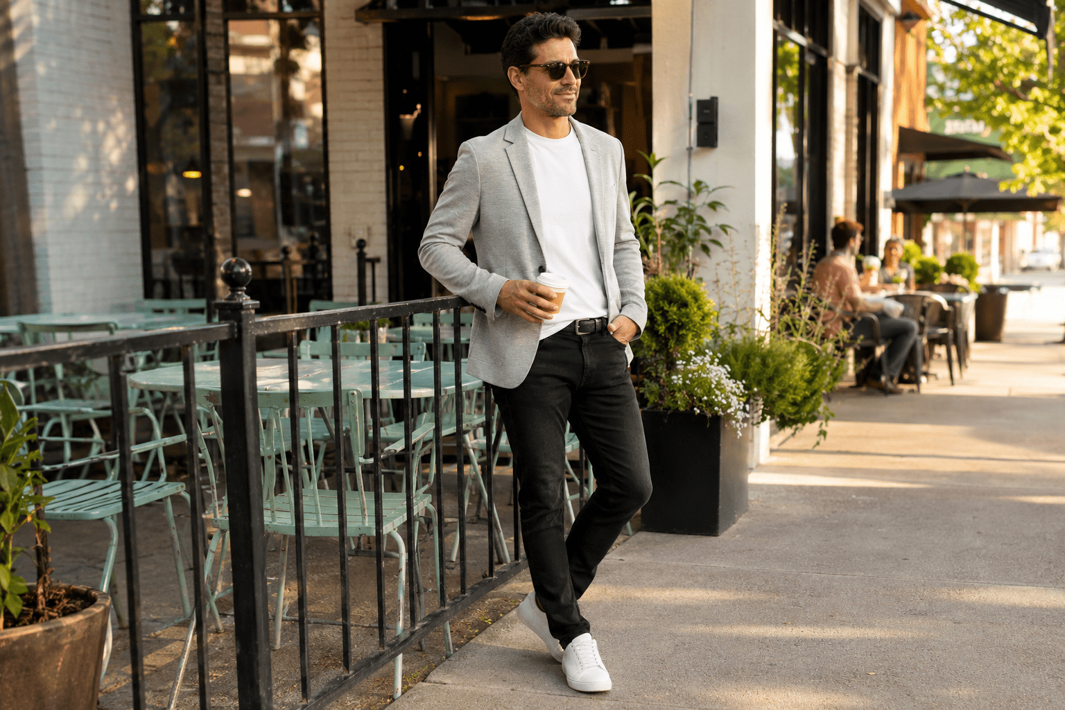 Hombre con blazer gris, camiseta blanca, jeans negros y sneakers blancos