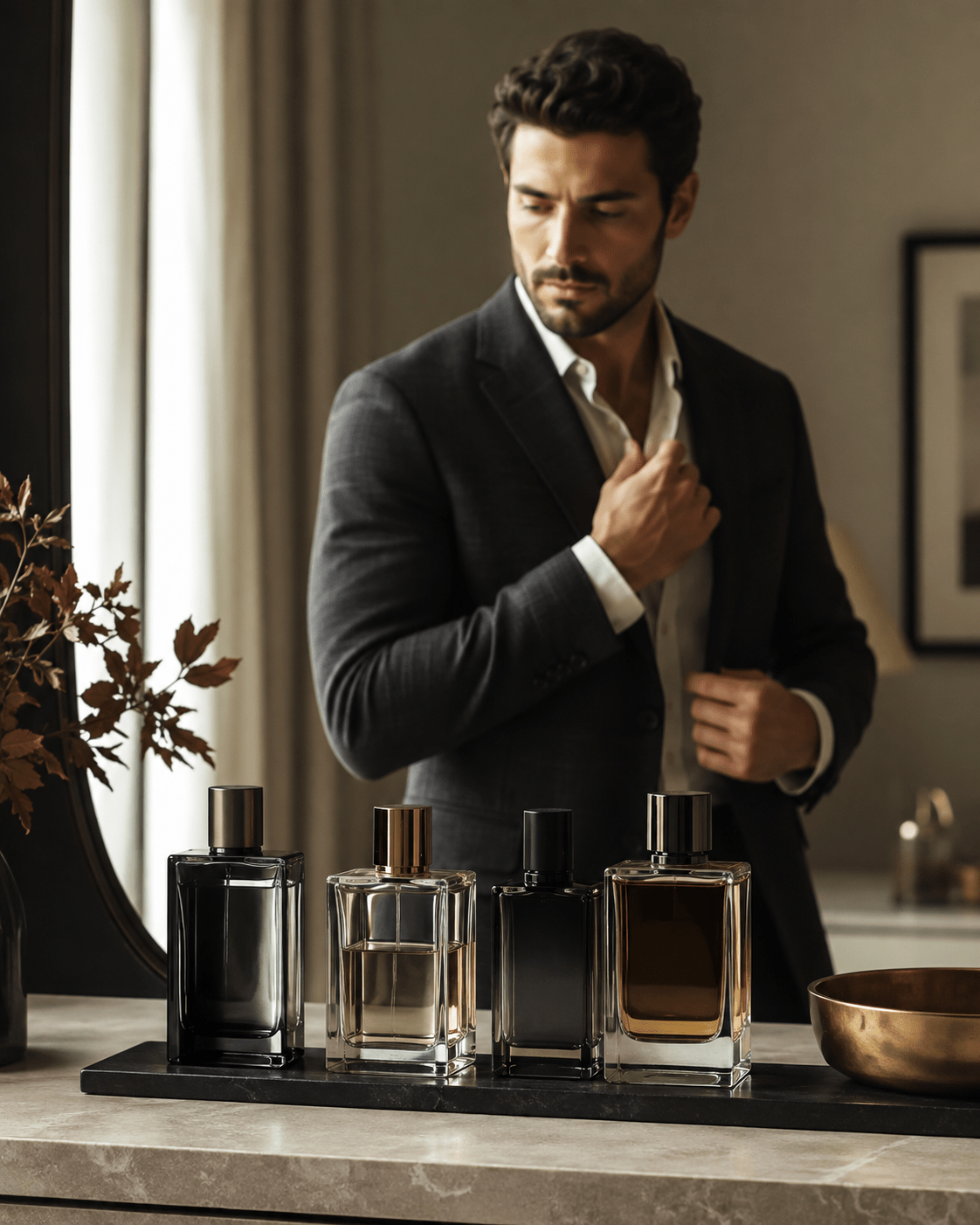 Elegant man with a collection of men's fragrances