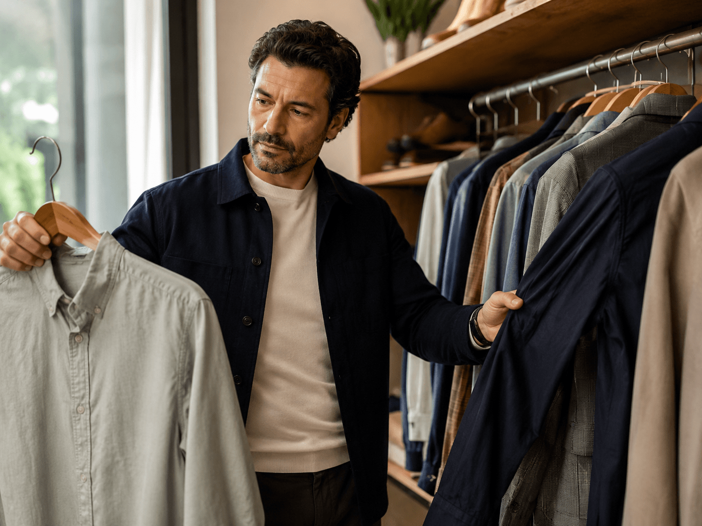 Man comparing shirts and jackets before making a smarter clothing purchase