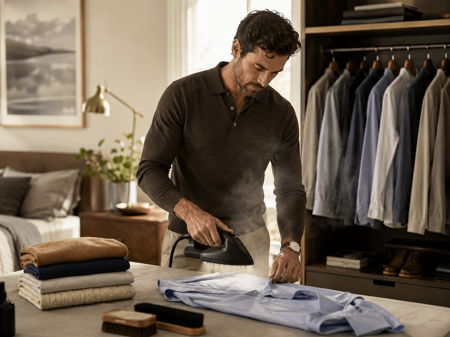 Man caring for and ironing a dress shirt in an organized wardrobe