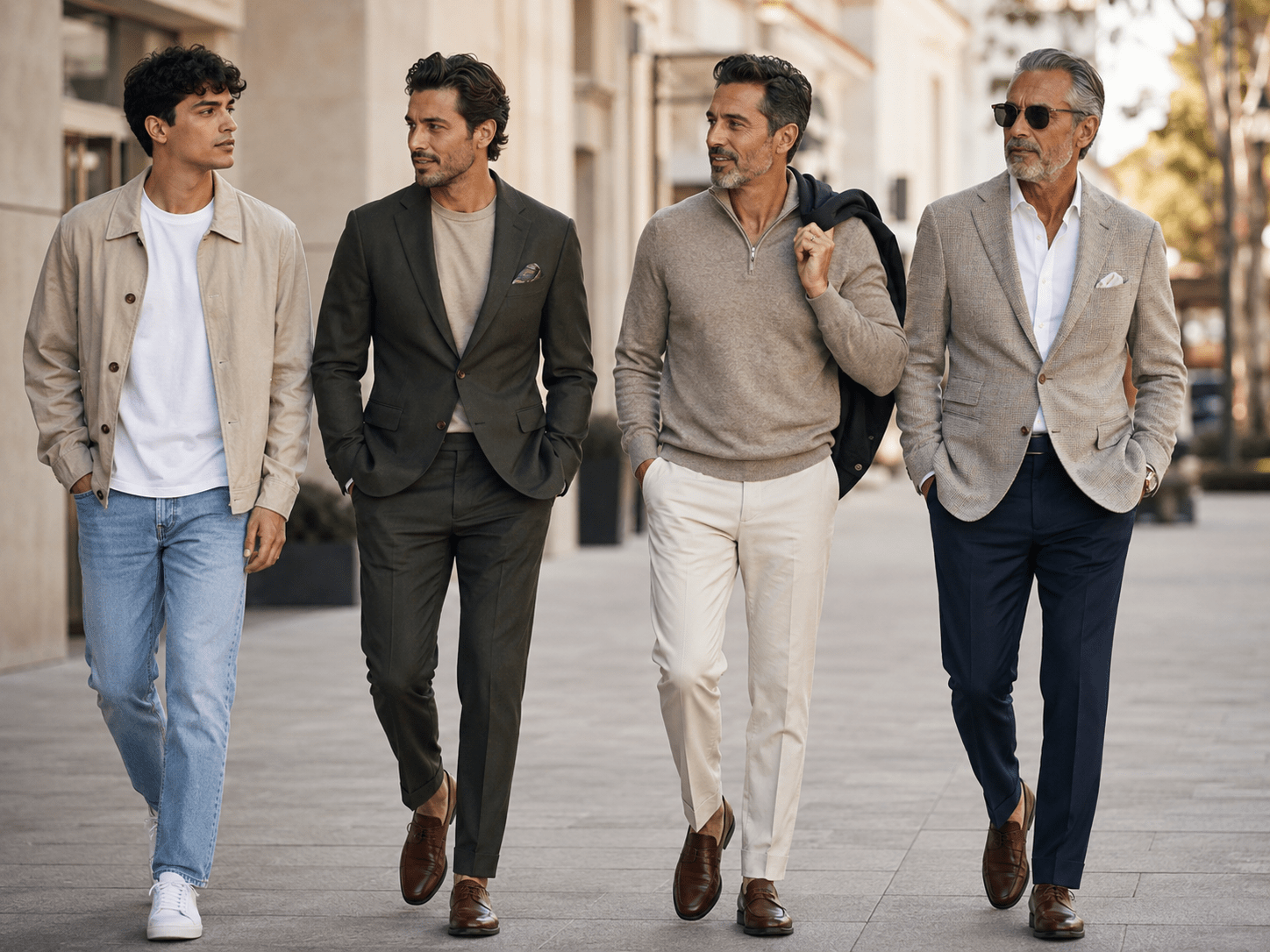 Four stylish men representing men's fashion in their 20s, 30s, 40s and over 50