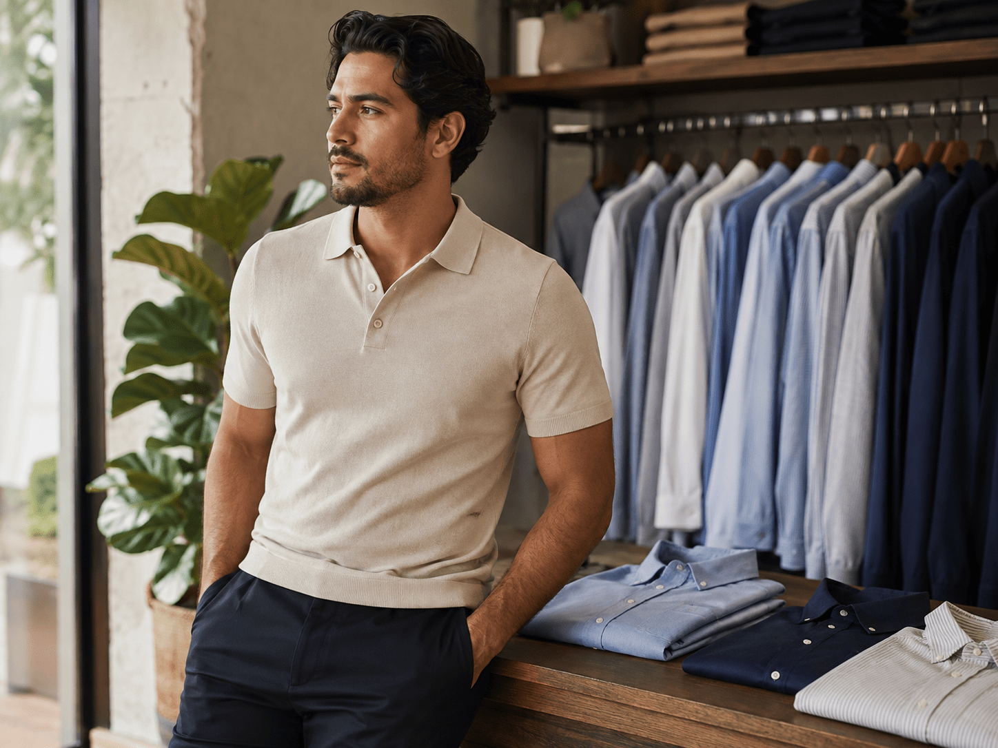 Stylish man wearing a polo shirt with men's shirts displayed nearby