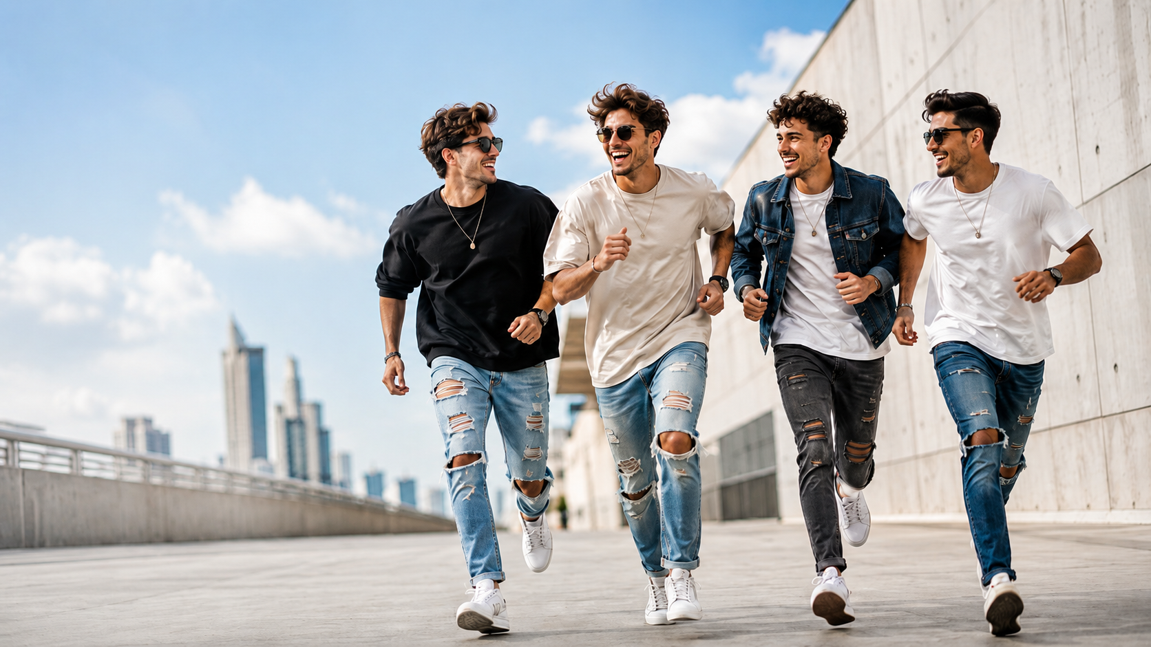 Four young men wearing ripped jeans running together