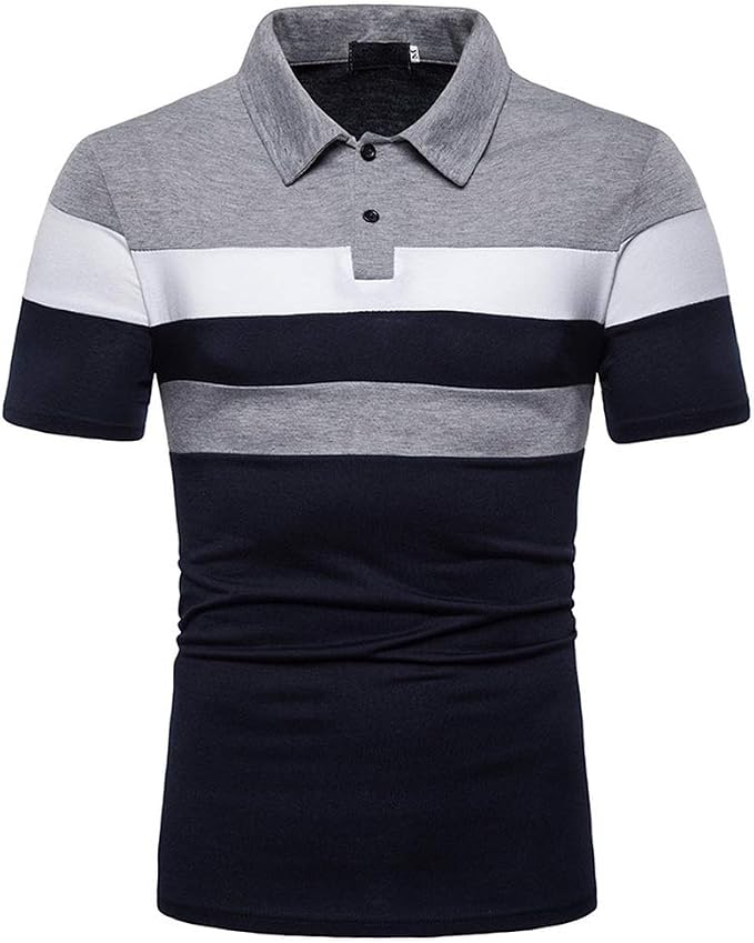 HHGKED men's slim fit contrast polo shirt in light gray and navy blue