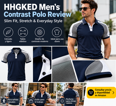 HHGKED men's contrast polo in navy, white and gray with slim fit design for casual and everyday wear