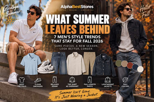 Men’s summer-to-fall 2026 fashion featuring polos, clean sneakers, relaxed denim, overshirts, full-length pants, lightweight jackets and fall colors.